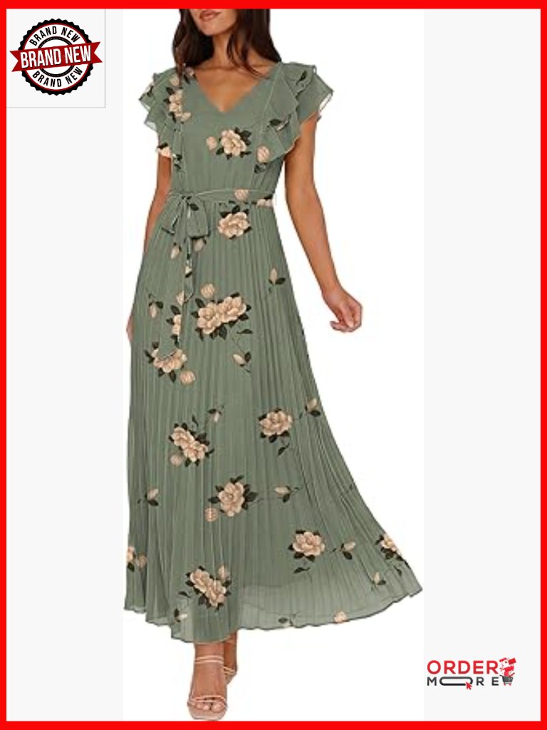 V Neck Ruffle Sleeve Floral Pleated Maxi Dress Empire Waist Flow